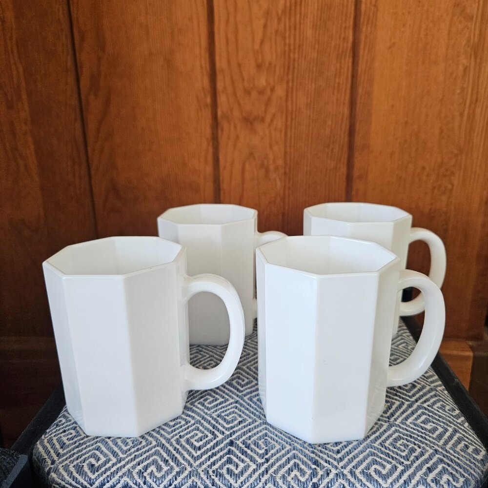 Vintage Arcoroc Milk Glass 'Octime' Octogon Mugs, Set of 4, France